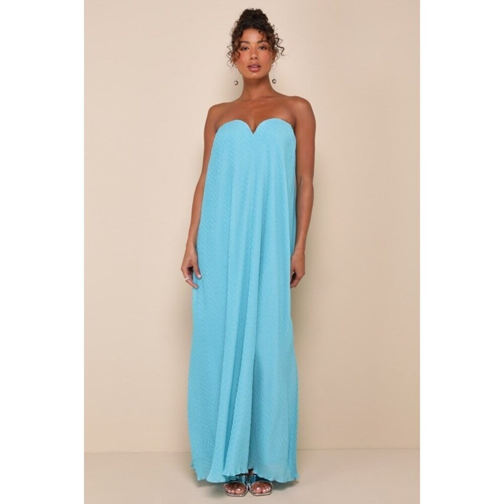 NWT! Lulus Perfect Always Turquoise Textured Strapless Swing Maxi Dress Blue